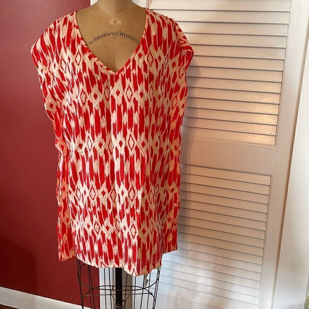 J CREW | red orange & cream ikat print v neck cover up XS